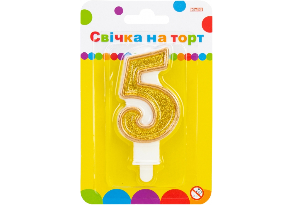 Свеча на торт золотистая двухсторонняя с блестками "5", 7,62 см, MX622083-5