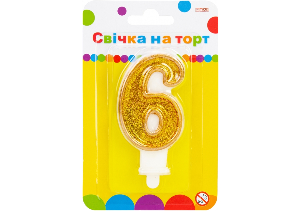 Свеча на торт золотистая двухсторонняя с блестками "6", 7,62 см, MX622083-6