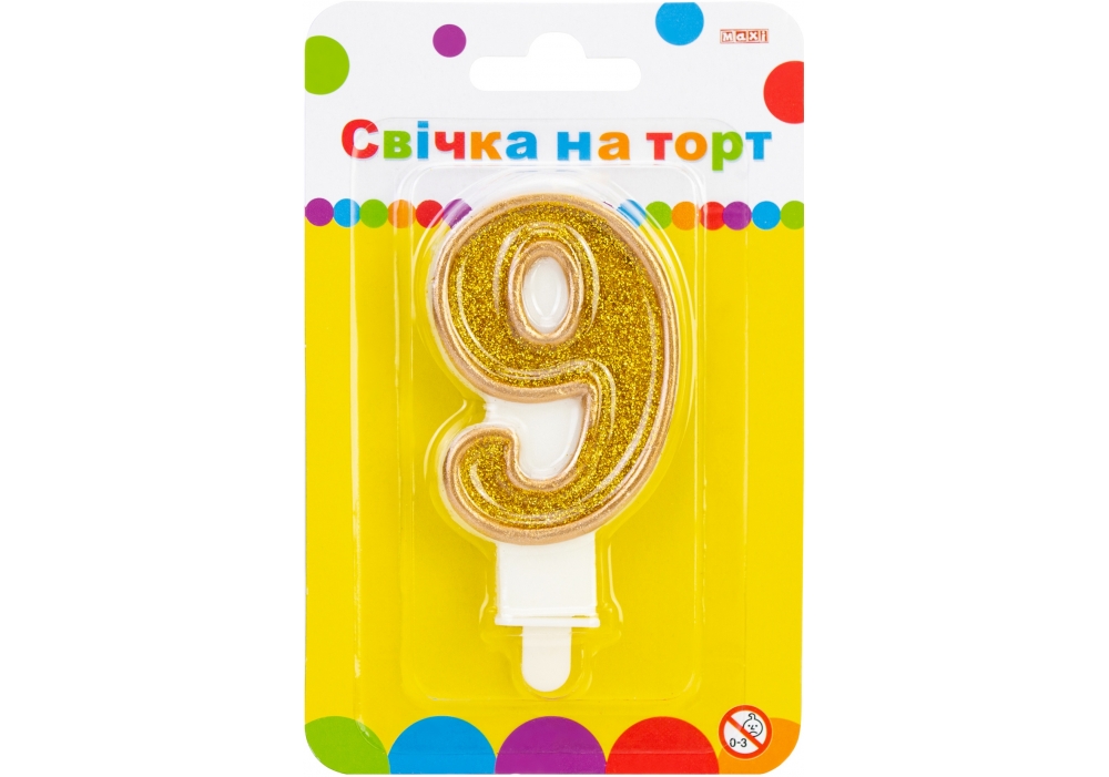 Свеча на торт золотистая двухсторонняя с блестками "9", 7,62 см, MX622083-9
