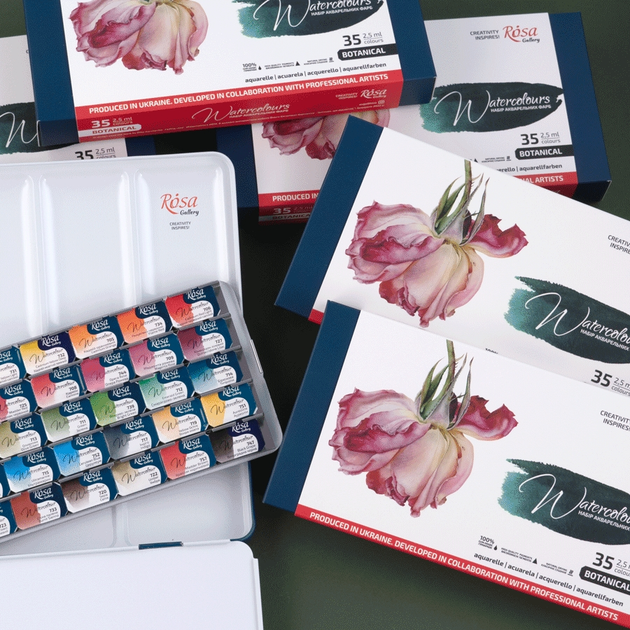 Набір акварельних фарб 35*2,5 мл. "Botanical", кювета, Індіго метал. пенал, Rosa Gallery 1