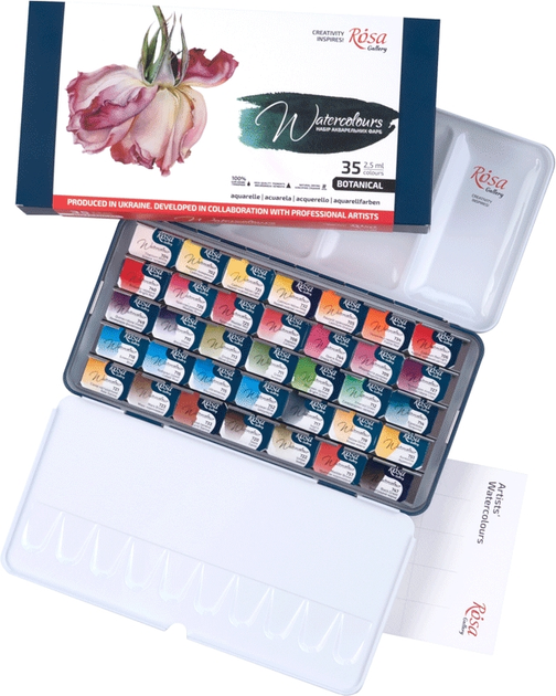 Набір акварельних фарб 35*2,5 мл. "Botanical", кювета, Індіго метал. пенал, Rosa Gallery 3