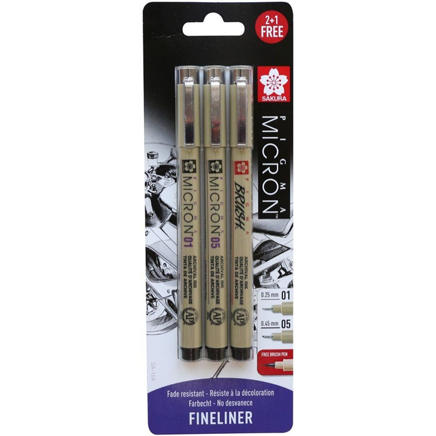 Набір лінерів Pigma Micron 2 шт., 01, 05 + Pigma Brush, Чорний, у блістері, Sakura