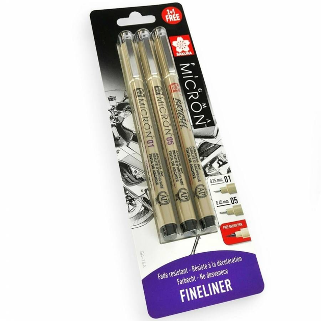 Набір лінерів Pigma Micron 2 шт., 01, 05 + Pigma Brush, Чорний, у блістері, Sakura 2