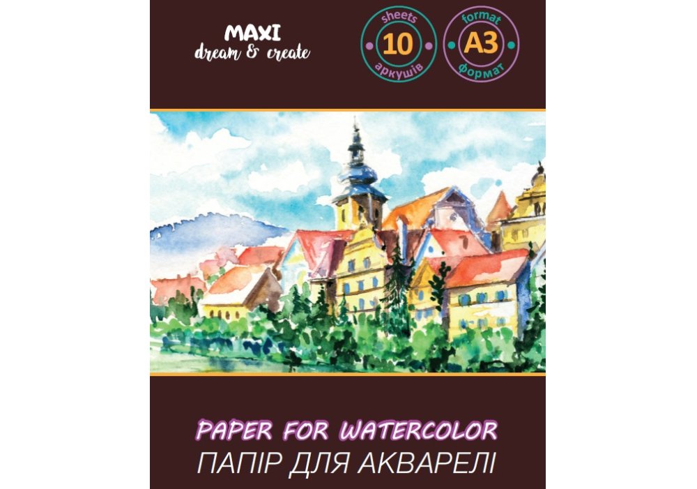 Папка для акварелі, MAXI, А3, 200 г/м2, 10 арк., сер. зерно, MX60921-01