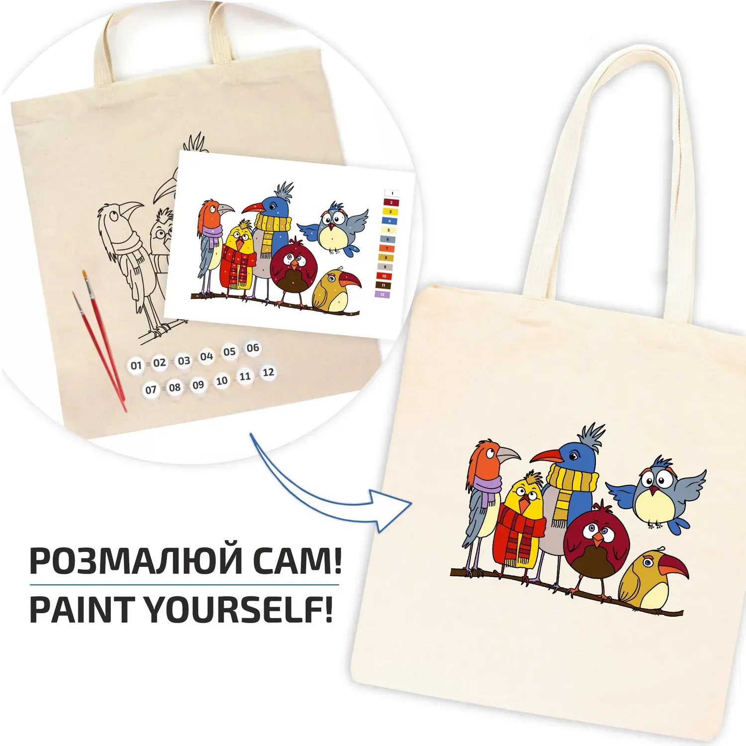 Набір, екосумка-розмальовка "Funny Birds2", бавовна 220 г/м2, 38*42 см, ROSA Talent 2