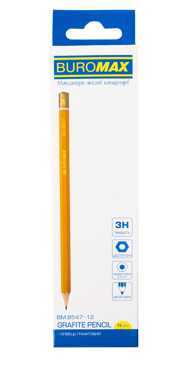 Карандаш графитовый Professional 3H, желтый, без ластика (коробка 12 шт) BM.8547-12 2