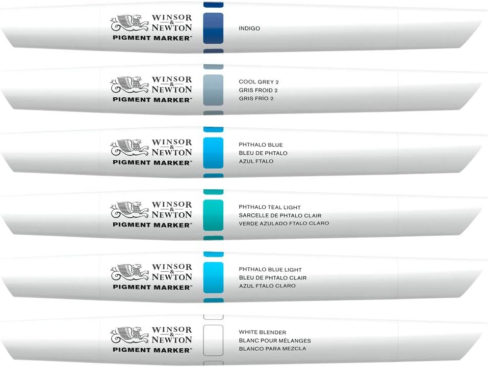Набор маркеров двусторонних Pigment marker, Голубые тона 6шт, 0290044 W&N 2