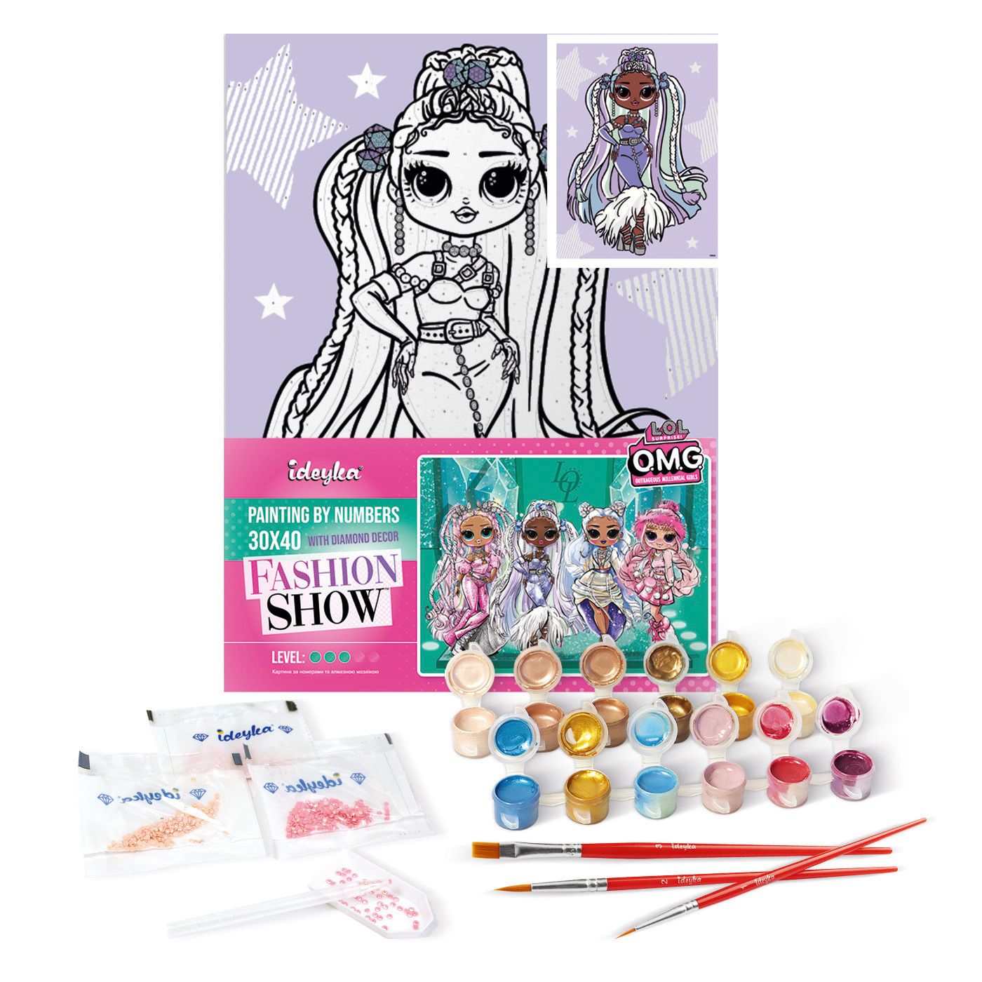 Набір для розпису по номерах "L.O.L. Surprise! O.M.G. Fashion show Lady Braids" зі стразами 30*40 см, KHO6272, ТМ "Ideyka" 1