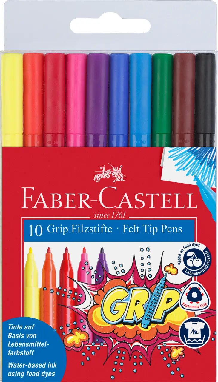 Фломастеры 10 цв. Grip трёхгранные в пластиковом футляре, 155310 Faber-Castell