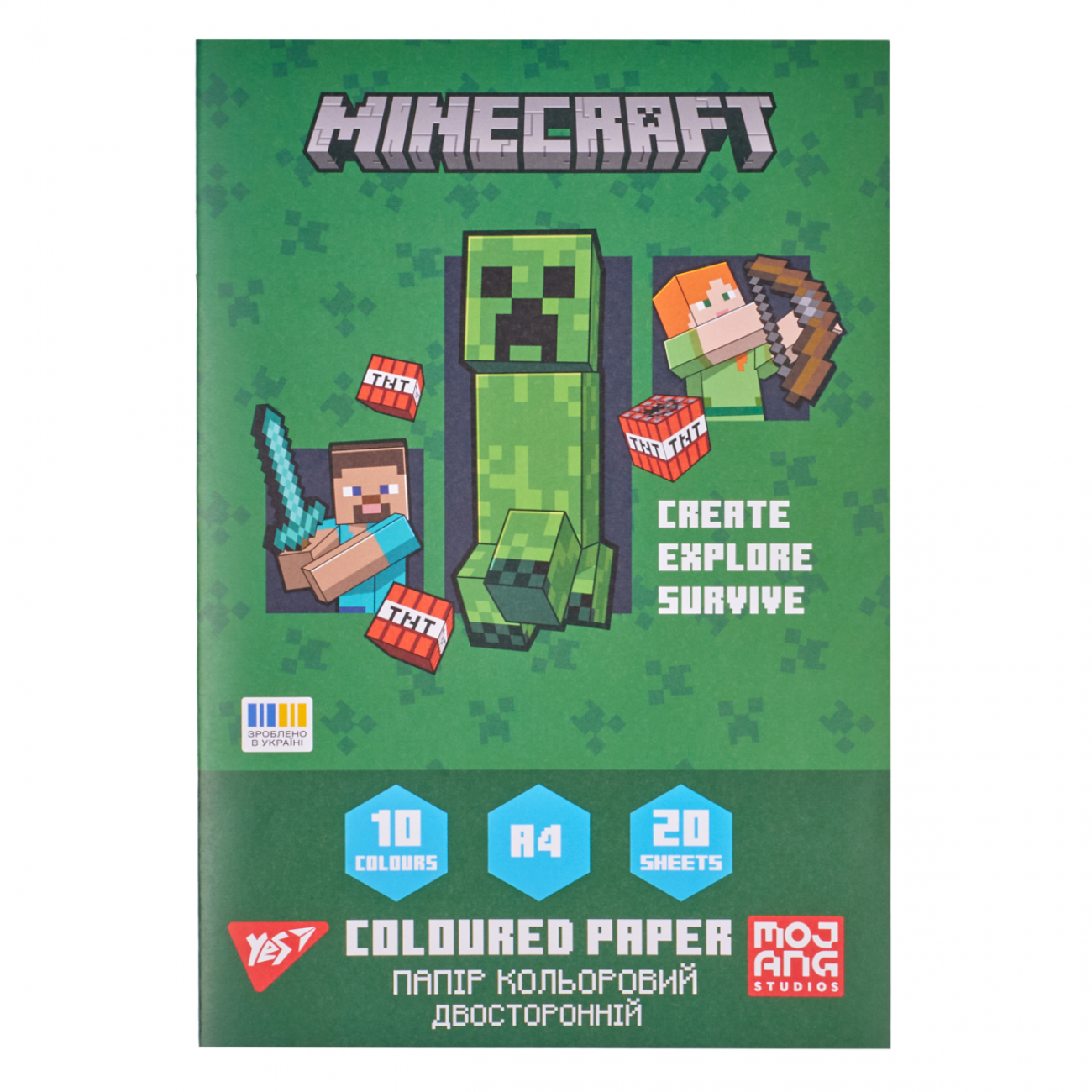 Папір кольоровий двосторонній Yes "Minecraft", 20 арк., А4, скоба, 955458
