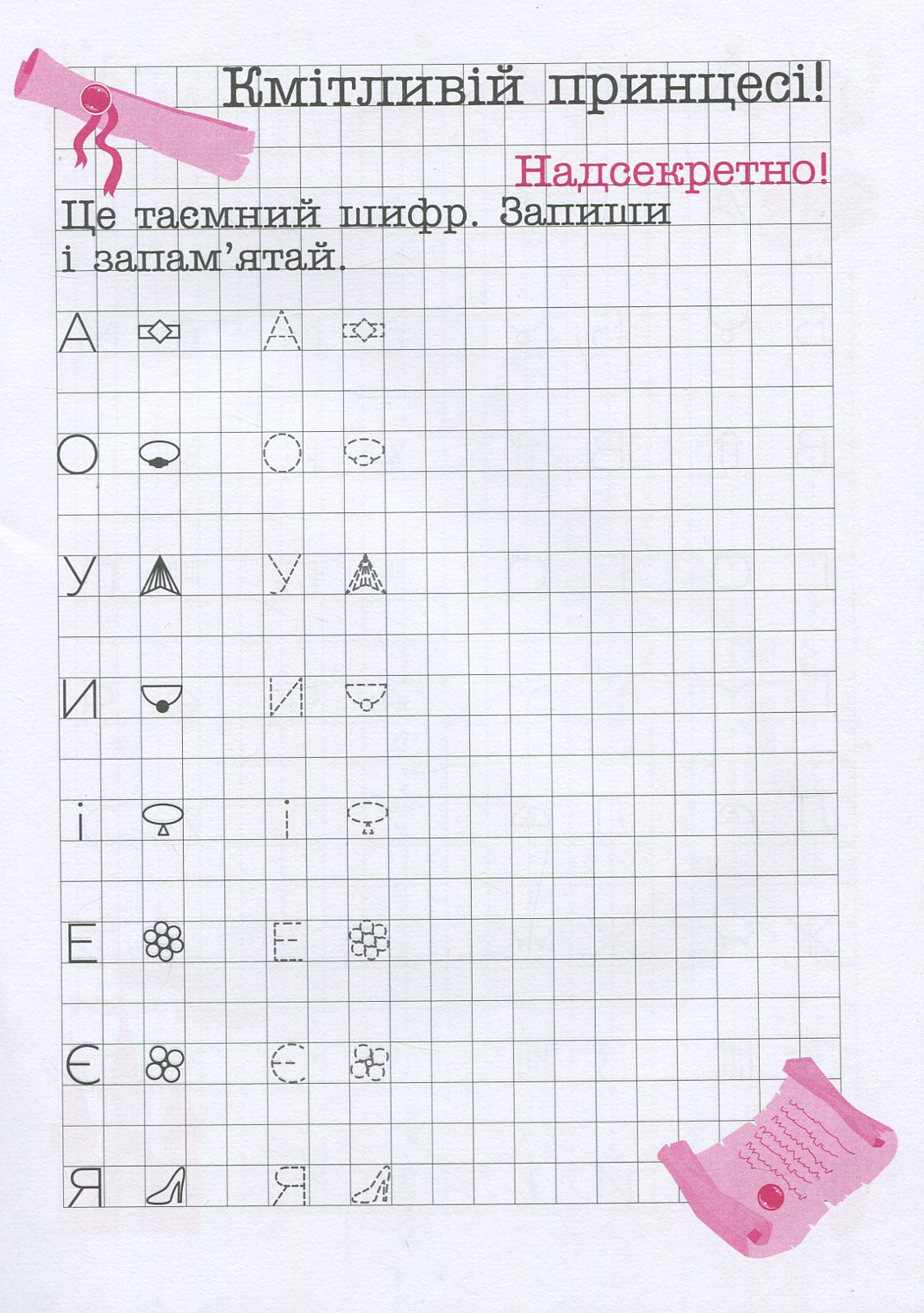 Прописи. "Нестандартні прописи. Зашифровані прописи для принцес. Клітинка" (у), 05124 2