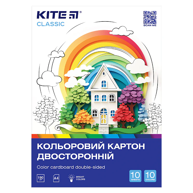 Картон цветной двусторонний A4 10 л*10 цв., Kite Classic, K-255