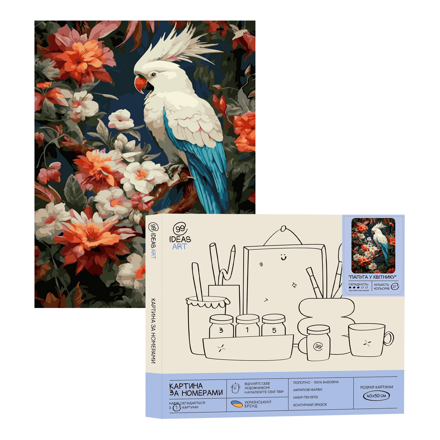 Картина по номерам "Попугай в цветнике" 40*50 см, IDEA2-GX47487, ТМ "99IDEAS"