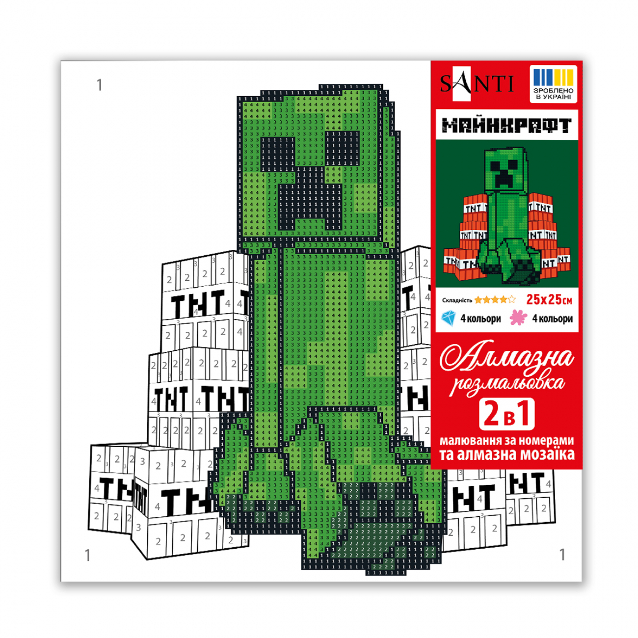 Картина по номерам с алмазной мозаикой SANTI "Майнкрафт. Крипер и взрывчатка" 25*25 см, 954930 1