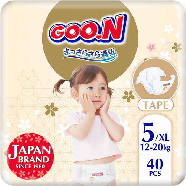 Підгузки GOO.N Premium Soft для дітей 12-20 кг (розмір 5(XL), на липучках, унісекс, 40 шт/уп, F1010101-150