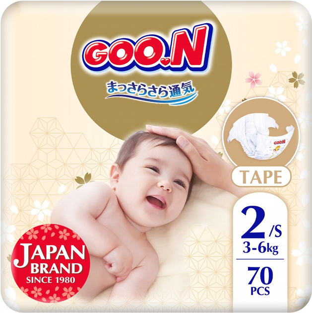 Підгузки GOO.N Premium Soft для дітей 3-6 кг (розмір 2(S), на липучках, унісекс, 70 шт/уп, F1010101-153
