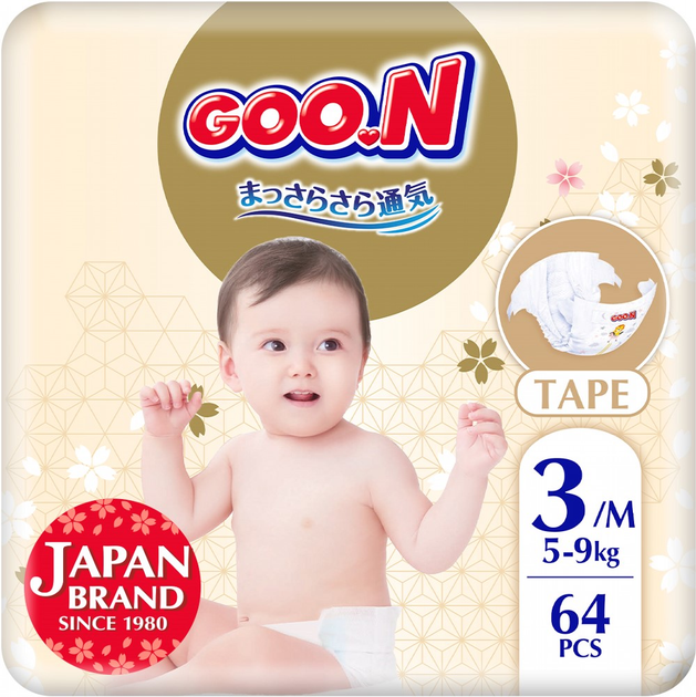 Підгузки GOO.N Premium Soft для дітей 5-9 кг (розмір 3(M), на липучках, унісекс, 64 шт/уп, F1010101-154