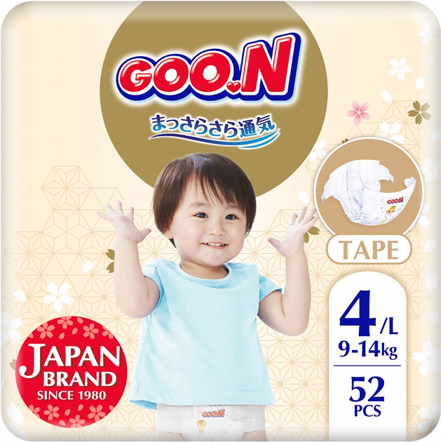 Підгузки GOO.N Premium Soft для дітей 9-14 кг (розмір 4(L), на липучках, унісекс, 52 шт/уп, F1010101-155