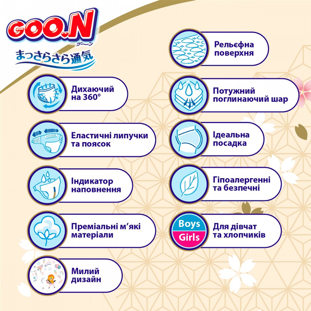 Підгузки GOO.N Premium Soft для дітей 9-14 кг (розмір 4(L), на липучках, унісекс, 52 шт/уп, F1010101-155 5