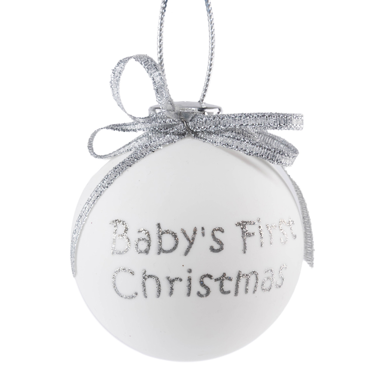 Ёлочное украшение Шар белый "Baby`s 1st Xmas" 6,5 см с серебрянным бантом, 76016