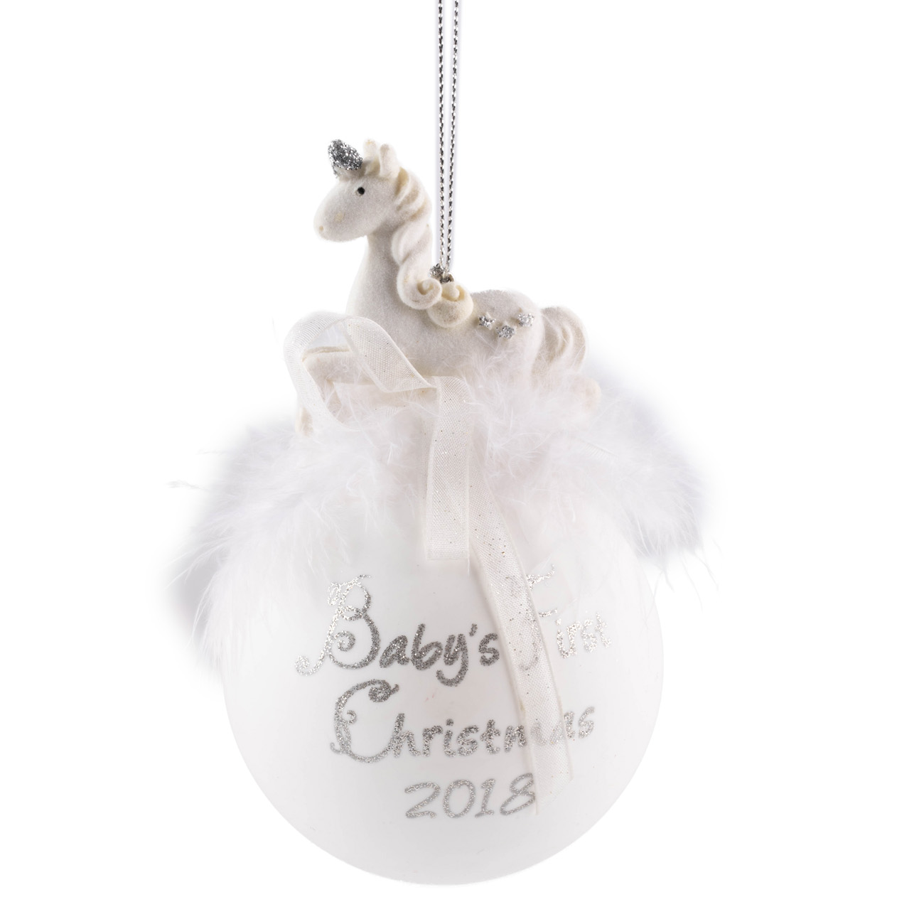 Ёлочное украшение Шар белый "Baby`s 1st Xmas" 8,5 см с единорогом и перьями, 79000