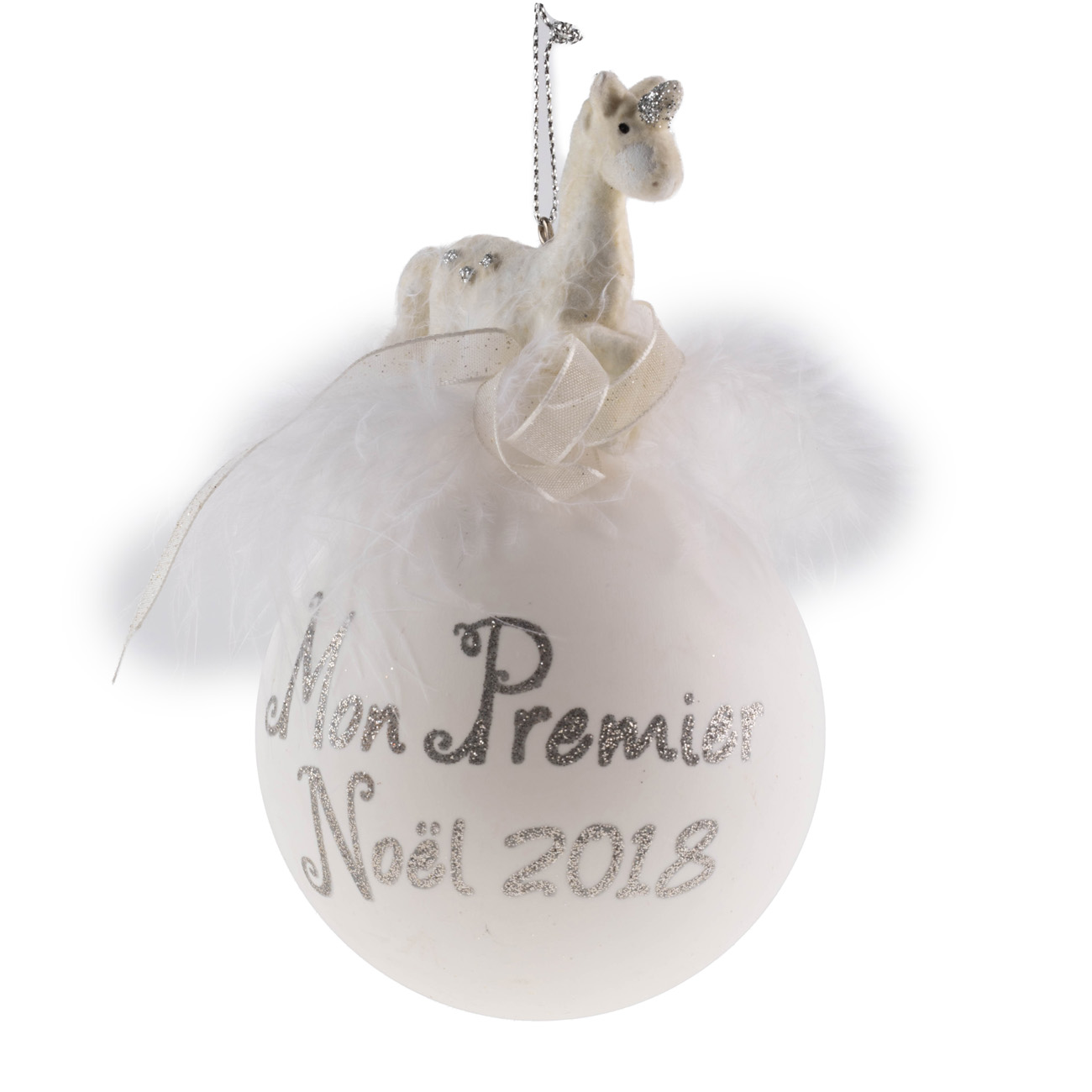 Ёлочное украшение Шар "Mon Premier Noel" 8,5 см с единорогом и перьями, белый, 79001