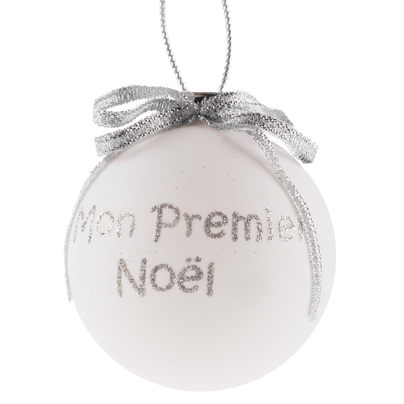 Ёлочное украшение Шар белый "Mon Premier Noel" 6,5 см с серебрянным бантом, 76017