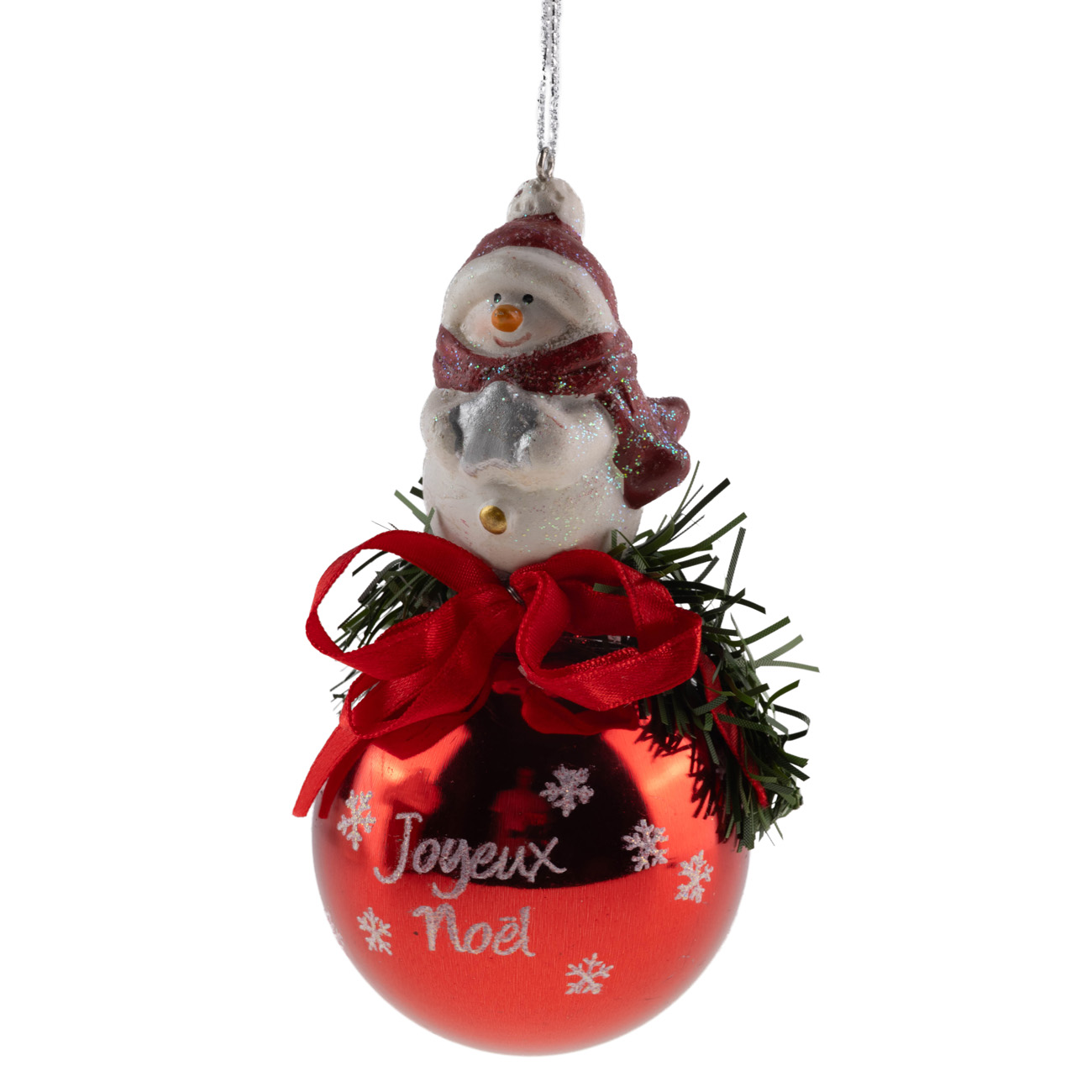 Ялинкова прикраса Куля червона "Joyeux Noel" 6,5 см зі сніговиком зверху, гілочками і бантом, 5573