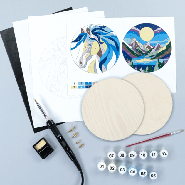 Набор для обжига картины на дереве "Horse and Mountains", с красками, в коробке, ROSA Start 1