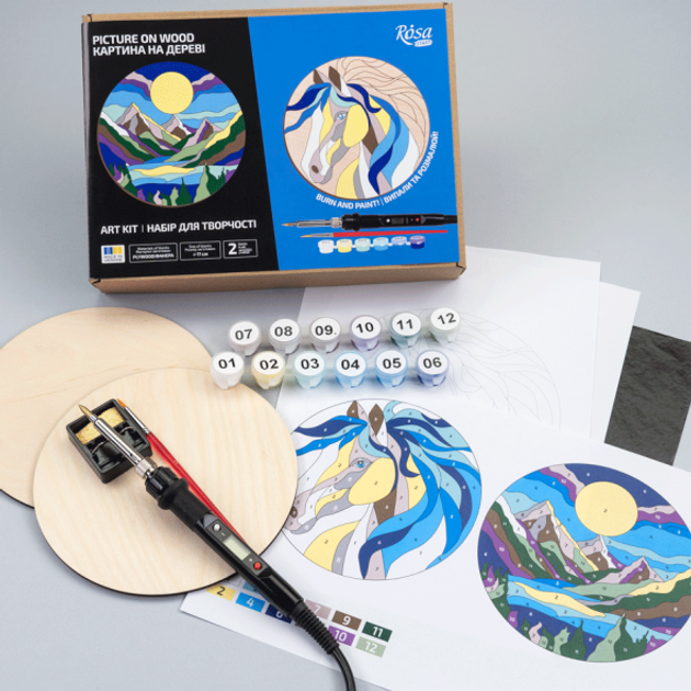 Набор для обжига картины на дереве "Horse and Mountains", с красками, в коробке, ROSA Start 3