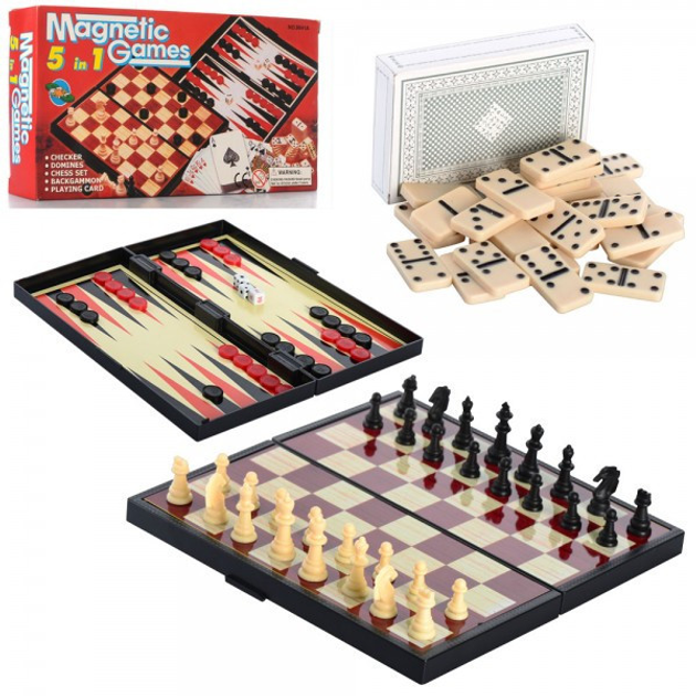 Набор игр 5в1: шахматы, шашки, нарды, домино, карты, 9841A
