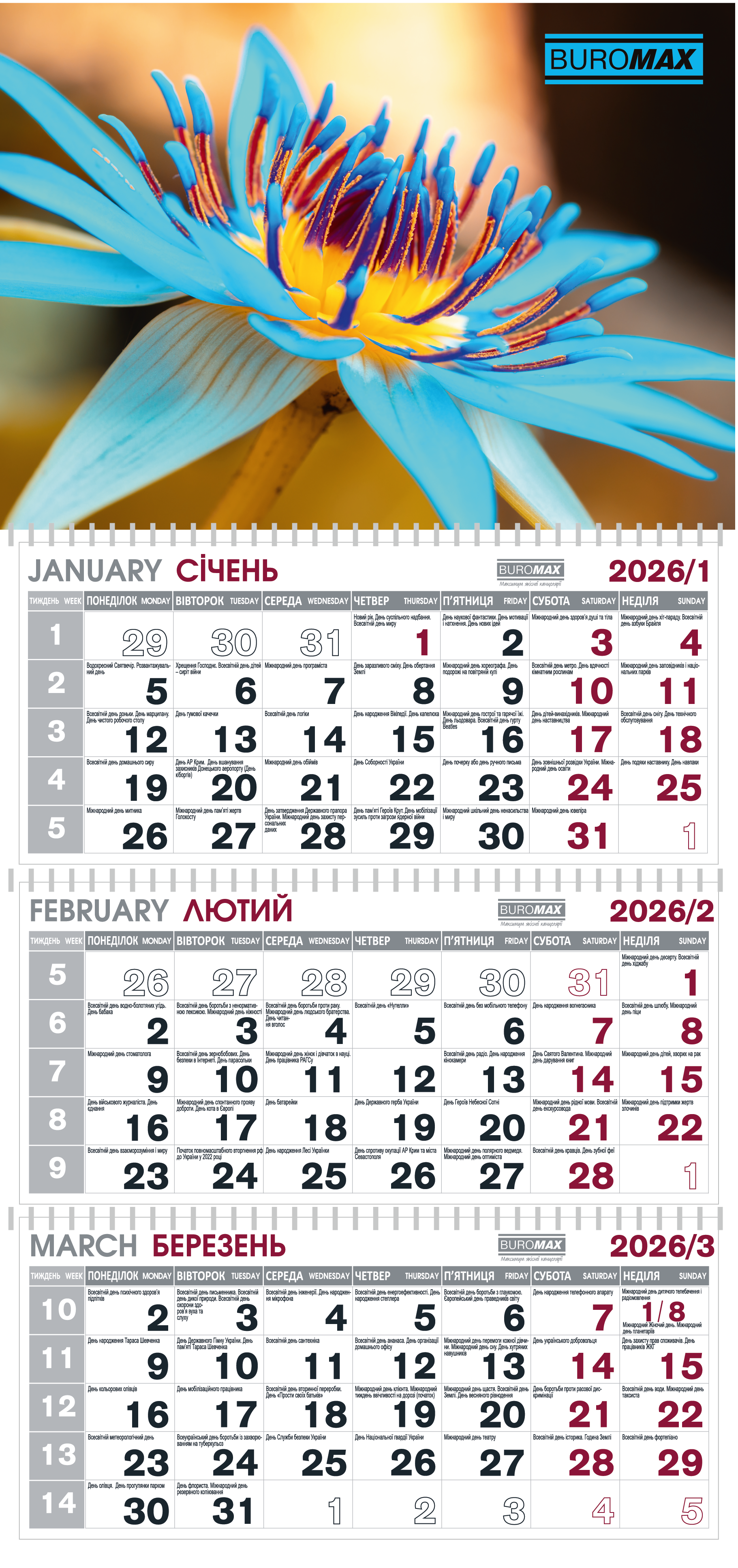 Календарь настенный квартальный на 2026 г. (3 пружины) цветы, BM.2105.4