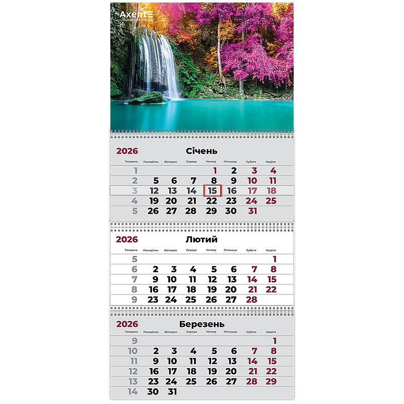 Календар настінний квартальний 2026 р.,3 пр. Waterfalls 1, 8803-26-4-A