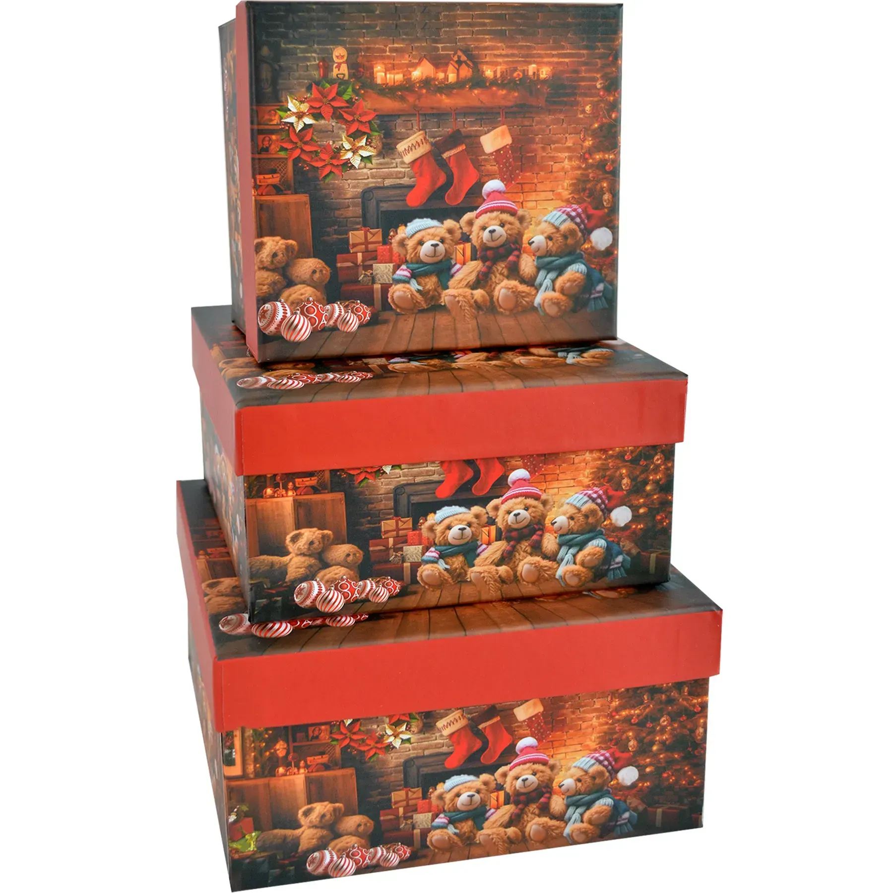 Подарункова коробка квадратна НР, "Ведмежата біля каміна", 15*15*8,5 см, 410314782