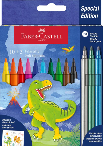 Фломастери 10 кол. "Dinosaur" + 3 металика + наклейки у картонній коробці, 554214 Faber-Castell