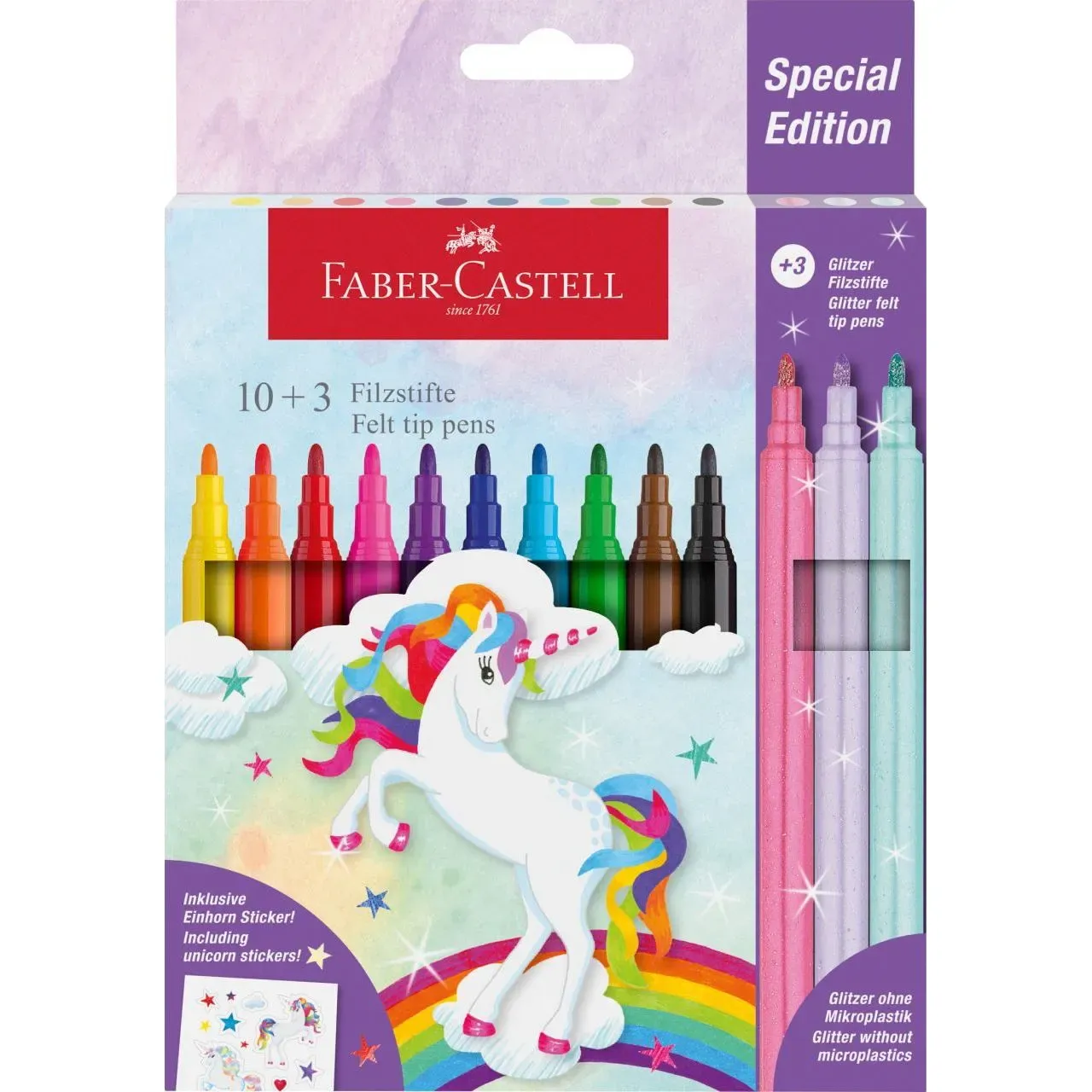 Фломастери 10 кол. "Unicorn" + 3 пастельних металика + наклейки, 554213 Faber-Castell