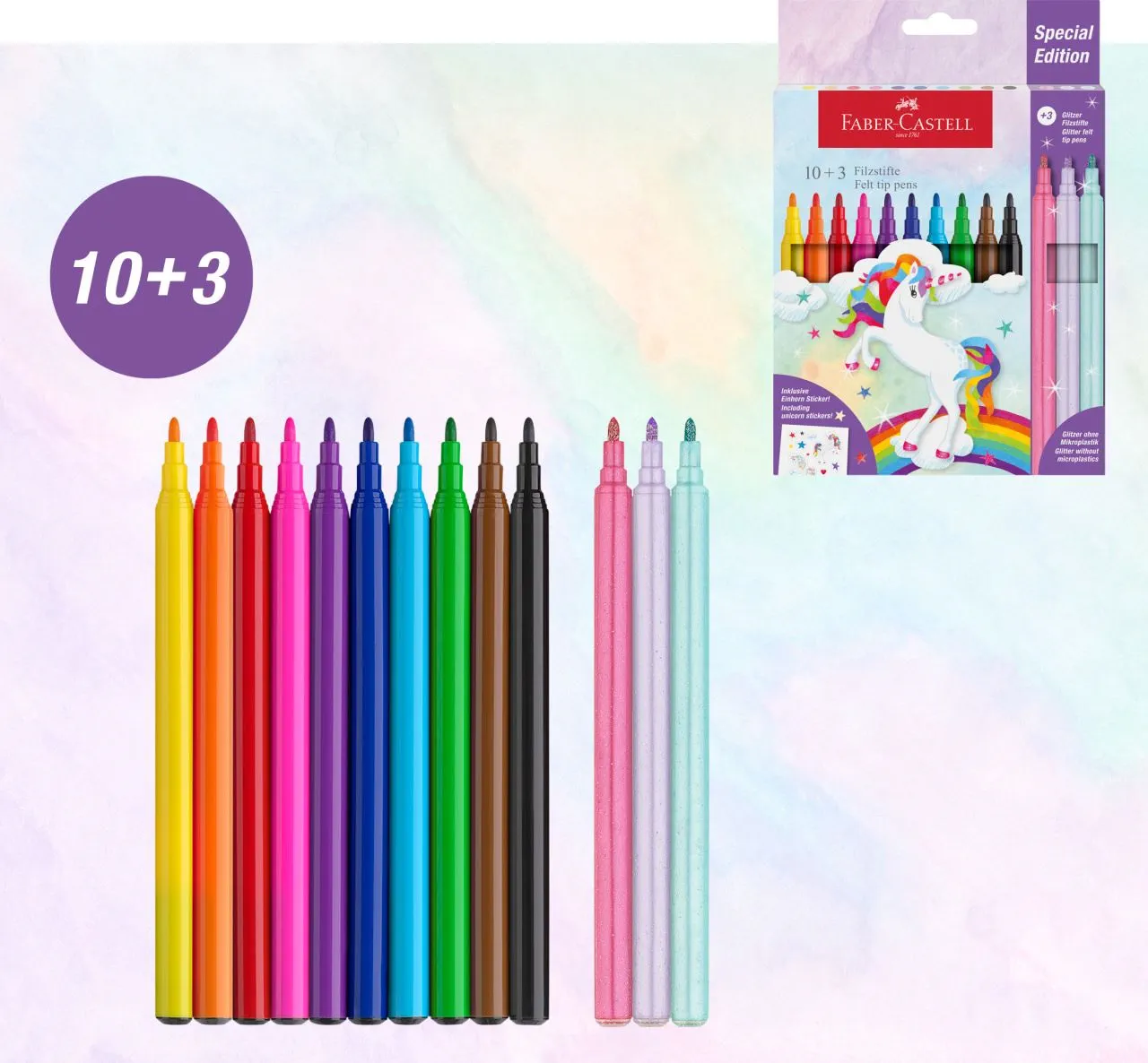 Фломастери 10 кол. "Unicorn" + 3 пастельних металика + наклейки, 554213 Faber-Castell 2