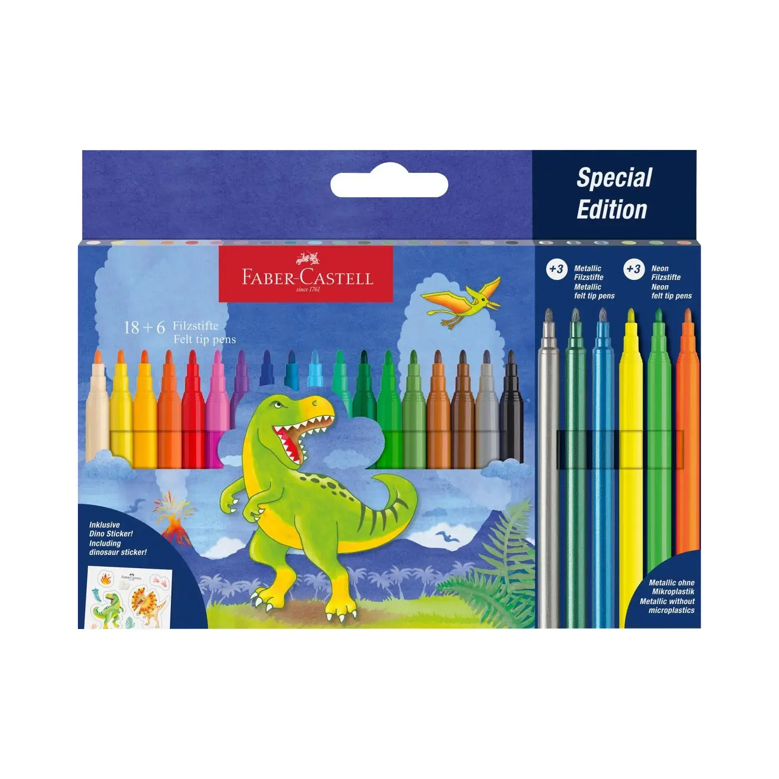 Фломастери 18 кол. "Dinosaur" + 3 металика + 3 неонових + наклейки, 554222 Faber-Castell