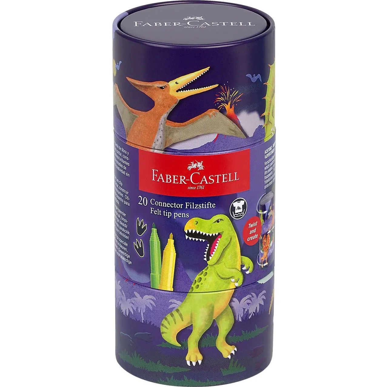 Фломастери 20 кол. Connector "Dinosaur" у подарунковій металевій коробці, 155546 Faber-Castell