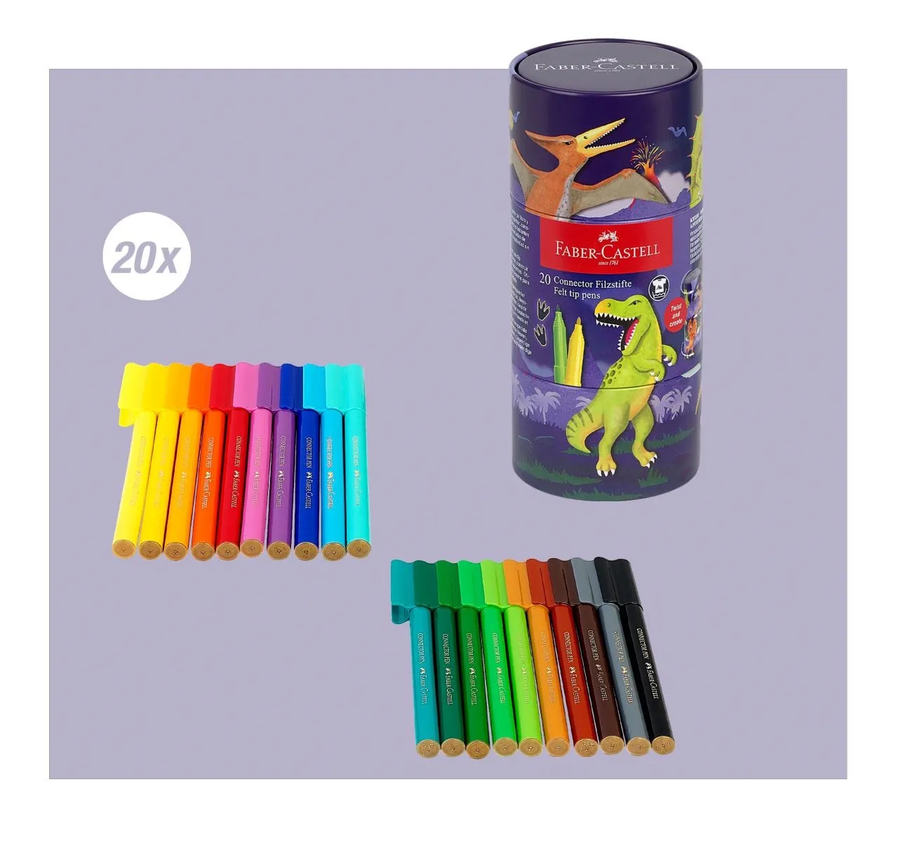 Фломастери 20 кол. Connector "Dinosaur" у подарунковій металевій коробці, 155546 Faber-Castell 4