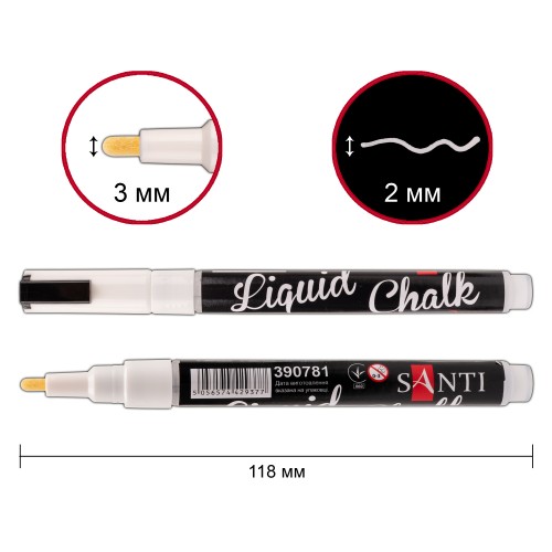 Крейдяний маркер SANTI, білий, 3 мм, 6 шт/кор, 390781