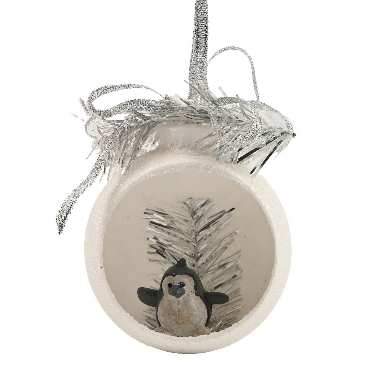 Ёлочное украшение Шар прозрачный открытый 6,5 см со снеговиком/пингвином всередине, глиттер, 5613