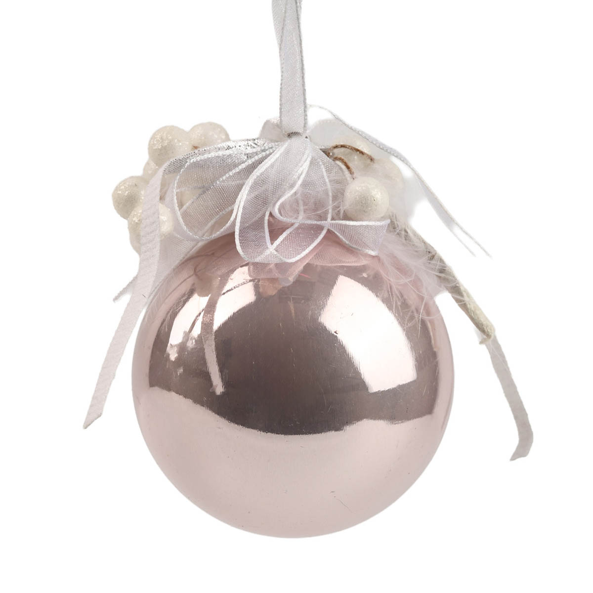 Ёлочное украшение Шар 6,5 см с глиттером, ягодами, и перьями (3 вида в ассорт.), 77272