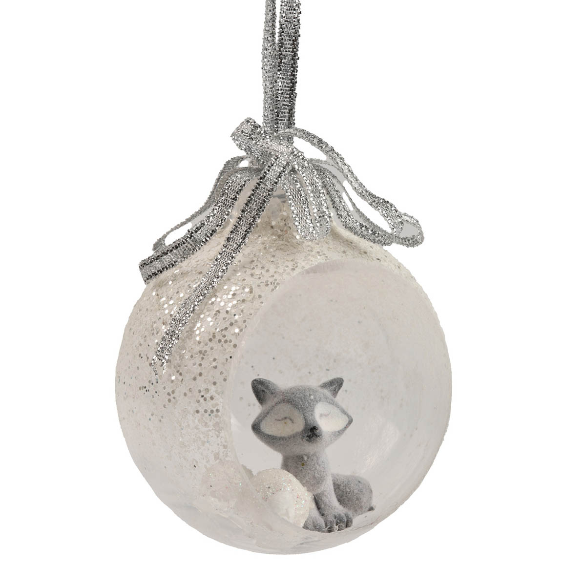 Ёлочное украшение Шар прозрачный открытый 6,5 см с лисичкой всередине и серебрянным бантом, 5528