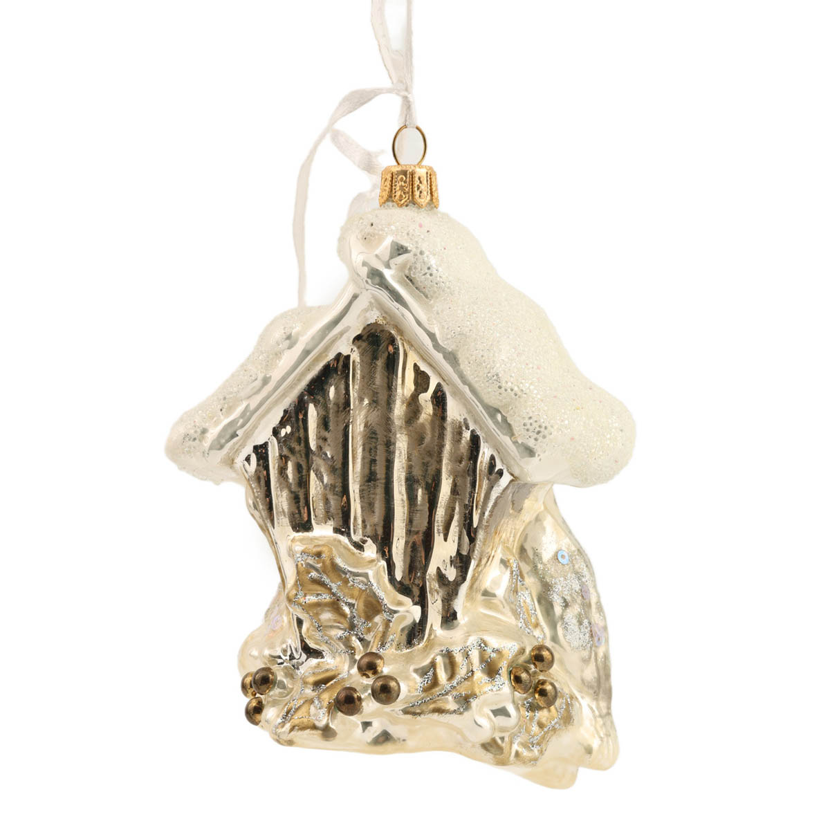 Елочное украшение Птичий домик бело-золотой, F1665-19200 2