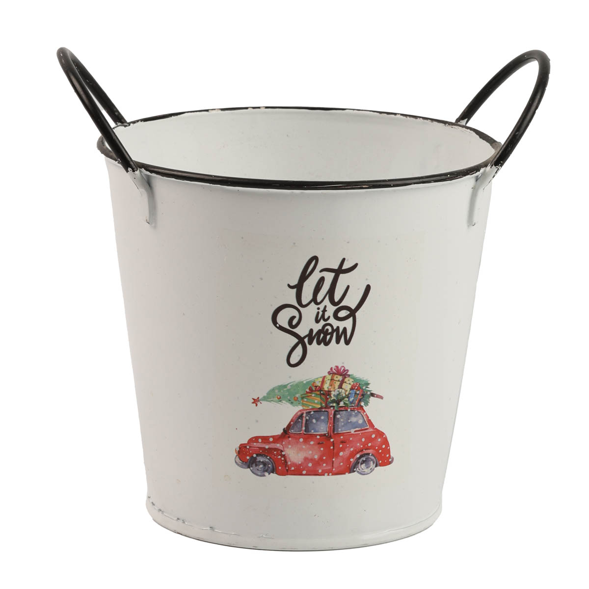 Горшок для растений цинковый круглый с новогодним принтом, белый рис., AZ3000010