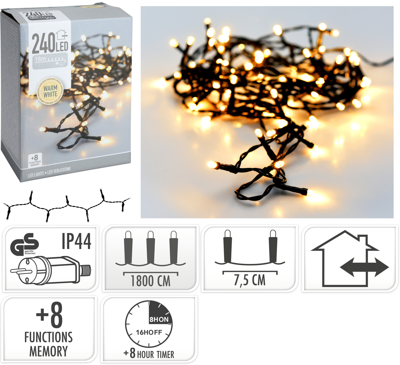 Гірлянда LED 240 ламп, чорний дріт, тепло-біле світло, 8 реж., з таймером, довжина 3 м (від мережі) , AX8451140 1