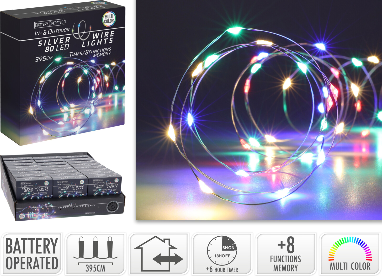 Гірлянда LED 80 різнокол., мікроламп з таймером, батарейки: 3*AA (не входять у комплект), тільки для внутрішнього використання, AX9732720 1