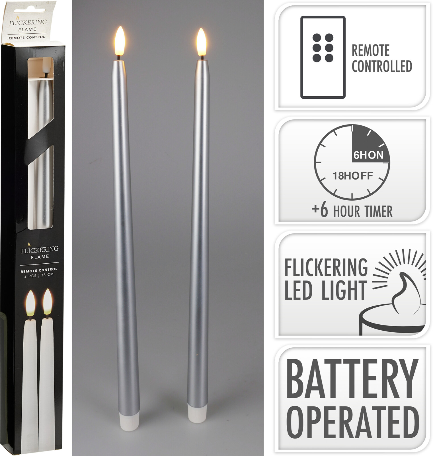 Настольная свеча с LED подсветкой, 2 шт., серебряный, 7,5*7,5*12,5 см и 7,5*7,5*15 см, (батарейки 2*AA не входят в комплект)., AX5441460