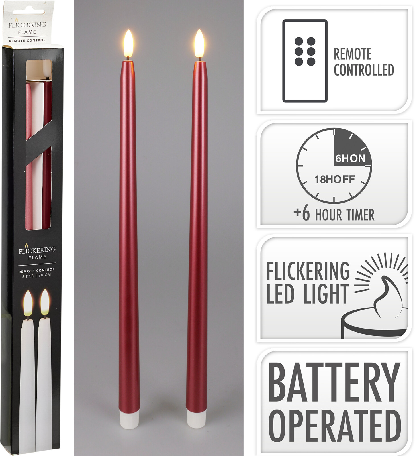 Настольная свеча с LED подсветкой, 2 шт., красный, 7,5*7,5*12,5 см и 7,5*7,5*15 см, (батарейки 2*AA не входят в комплект)., AX5441460
